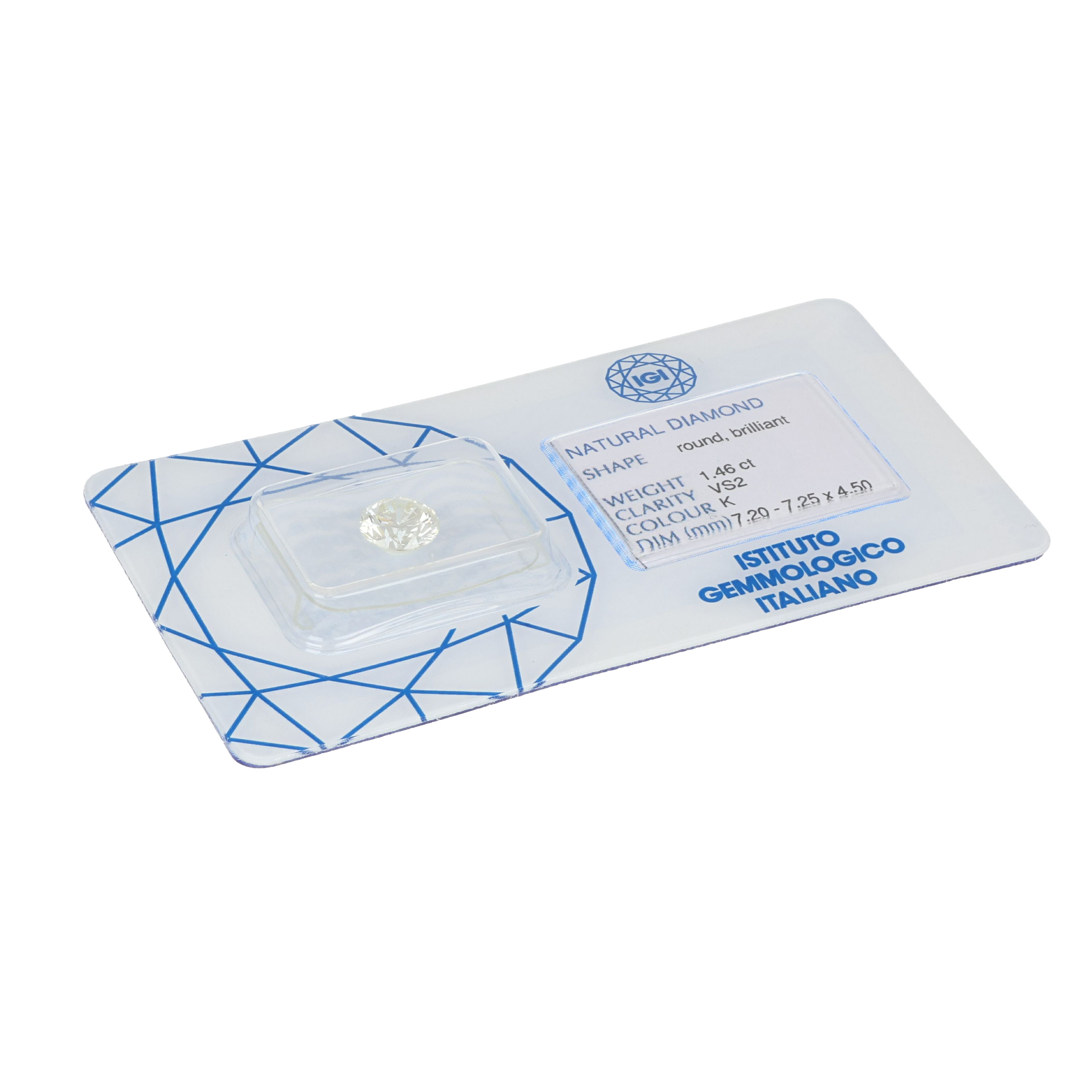Diamante (Naturale) - 1.46 ct - Rotondo - K - VS2 - Istituto Gemmologico Italiano (IGI)