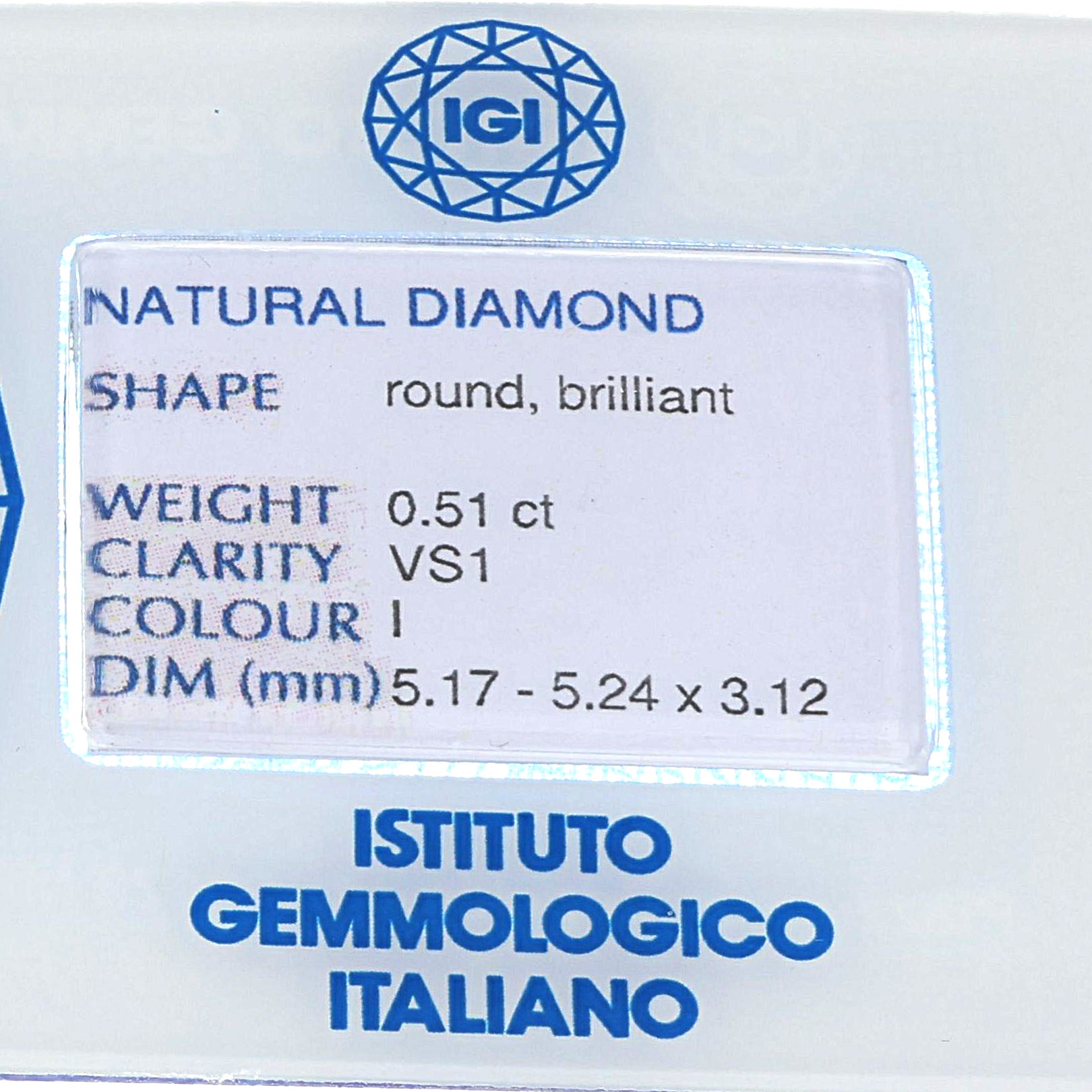 Diamante (Naturale) - 0.51 ct - Rotondo - I - VS1 - Istituto Gemmologico Italiano (IGI)