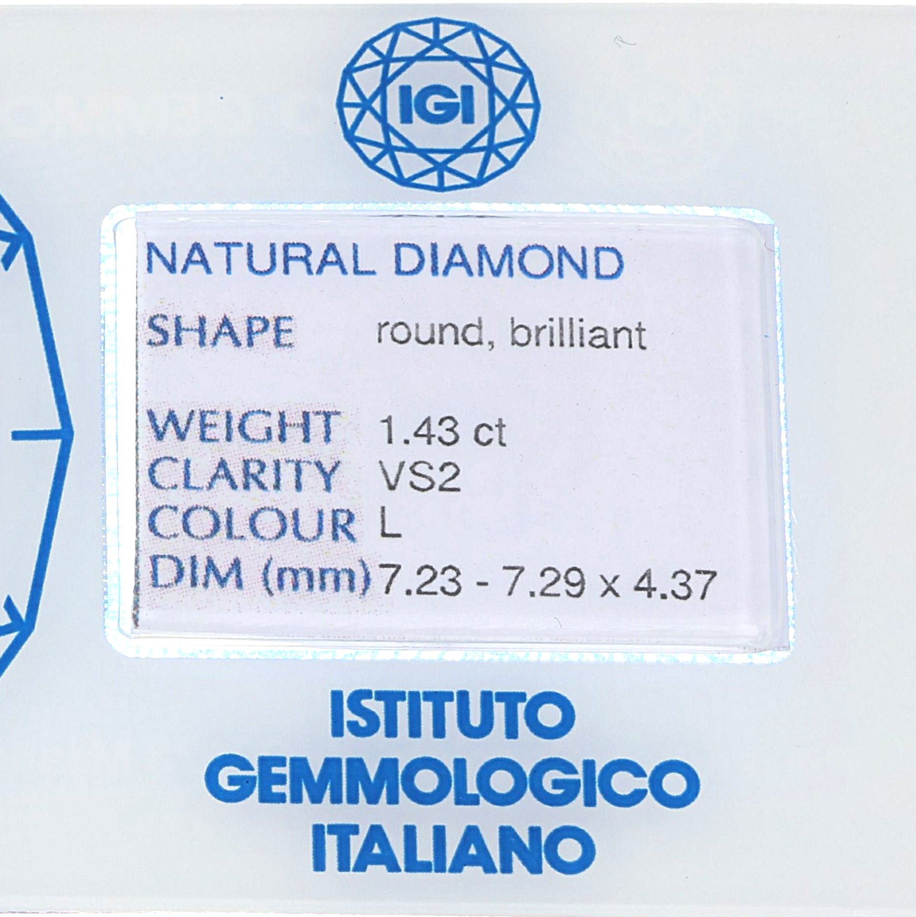 1 pcs Diamante (Naturale) - 1.43 ct - Rotondo - L - VS2 - Istituto Gemmologico Italiano (IGI)