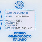 1 pcs Diamante (Naturale) - 1.03 ct - Rotondo - I - SI1 - Istituto Gemmologico Italiano (IGI)