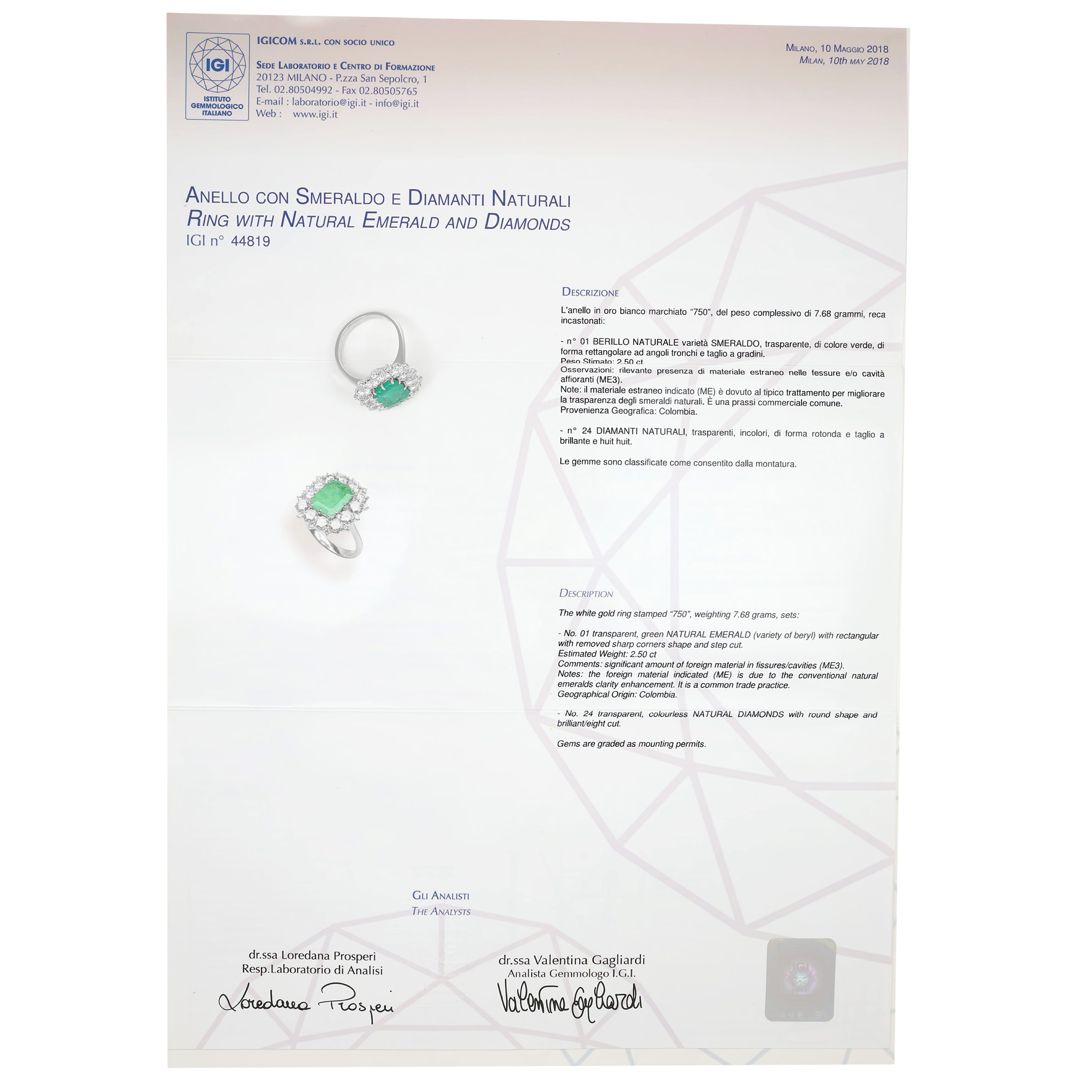 Anello - 18 carati Oro bianco - 4.66ct. tw. Smeraldo - Diamante