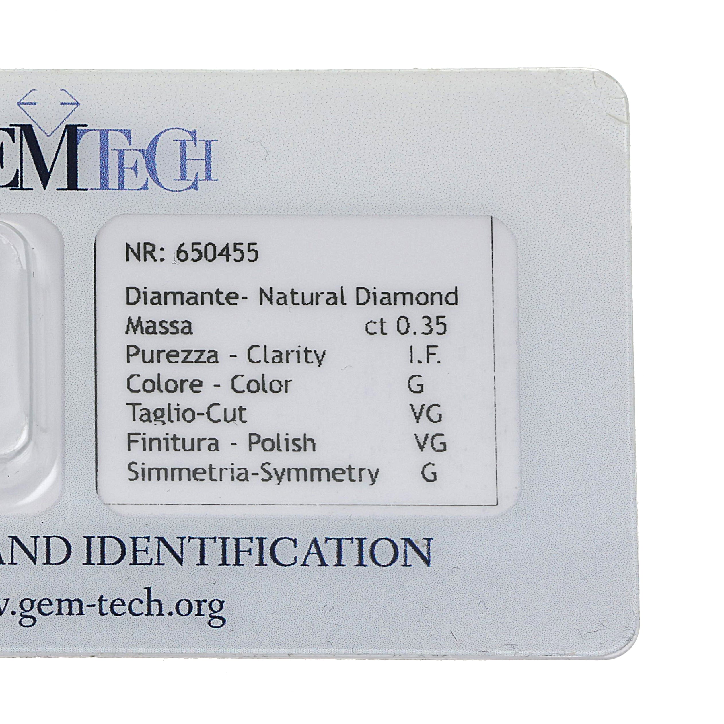 1 pcs Diamante (Naturale) - 0.35 ct - Rotondo - G - IF - GEM-TECH Istituto Gemmologico