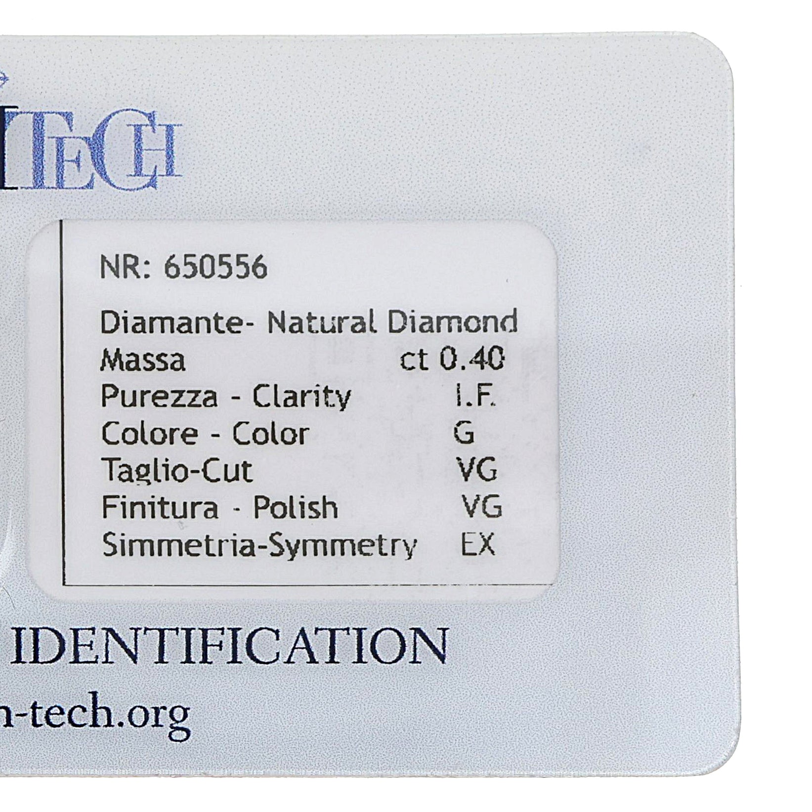 1 pcs Diamante (Naturale) - 0.40 ct - Rotondo - G - IF - GEM-TECH Istituto Gemmologico