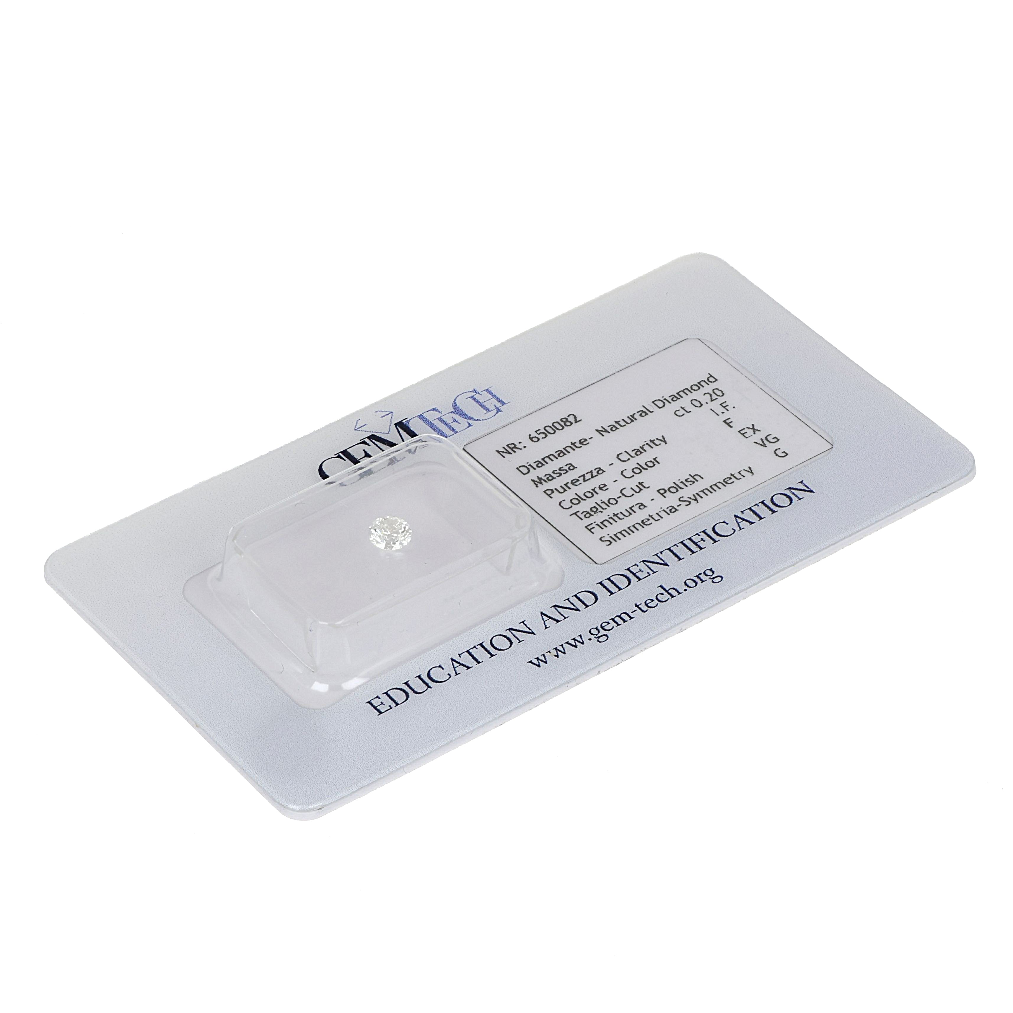 1 pcs Diamante (Naturale) - 0.20 ct - Rotondo - F - IF - GEM-TECH Istituto Gemmologico