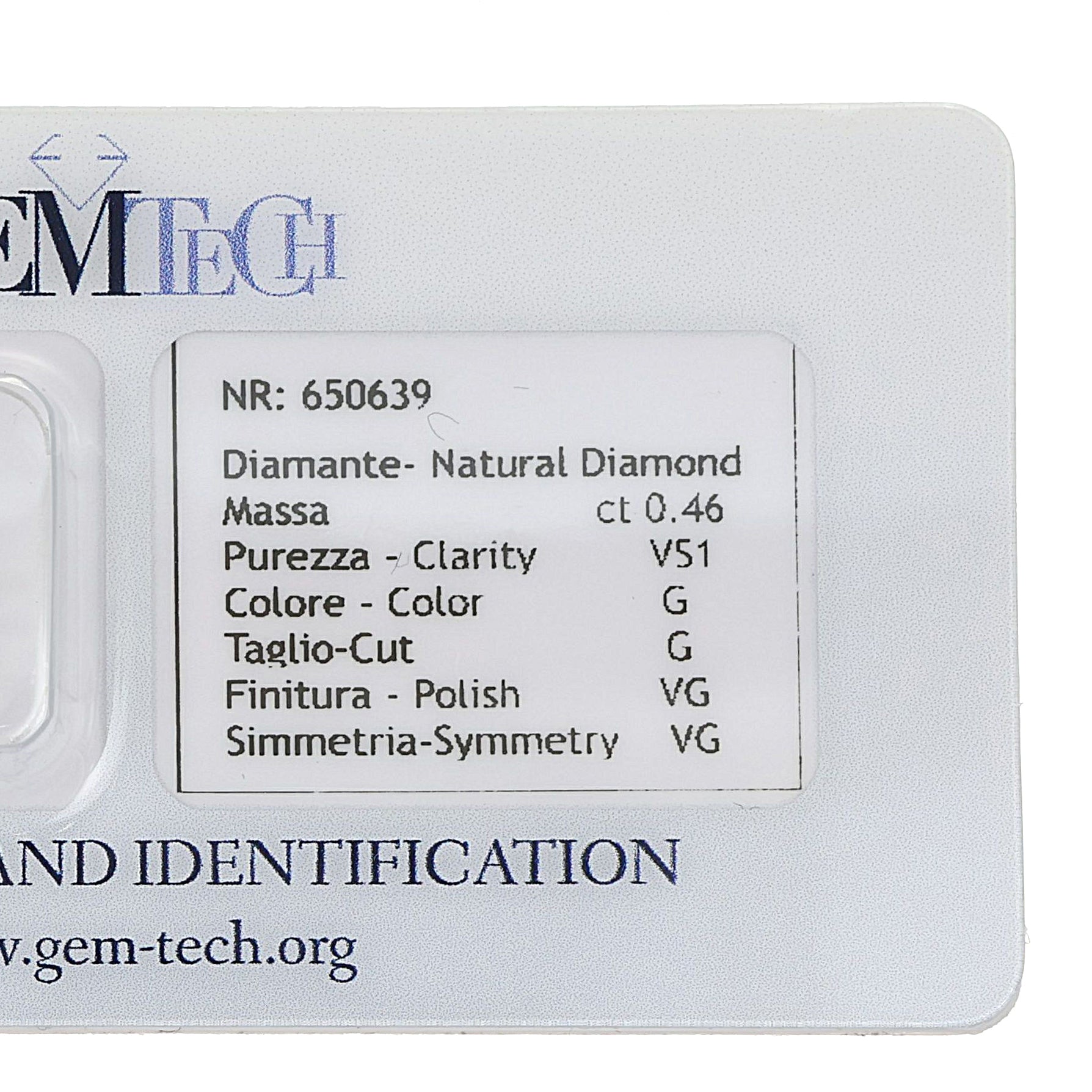 1 pcs Diamante (Naturale) - 0.46 ct - Rotondo - G - VS1 - GEM-TECH Istituto Gemmologico