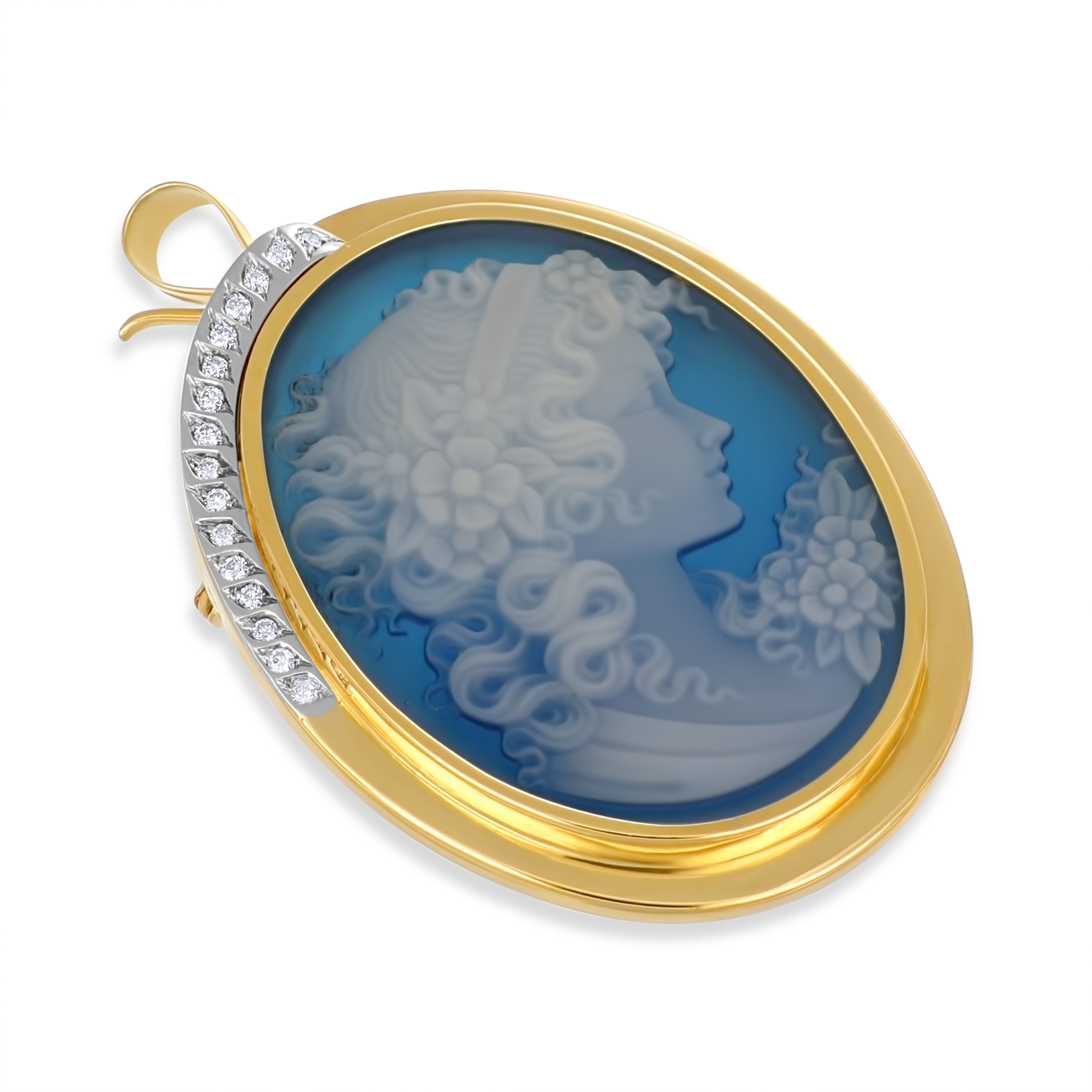 Spilla - 18 carati Oro bianco, Oro giallo, Agata Blu 30 Ct - 0.24ct. tw. Diamante (Naturale)