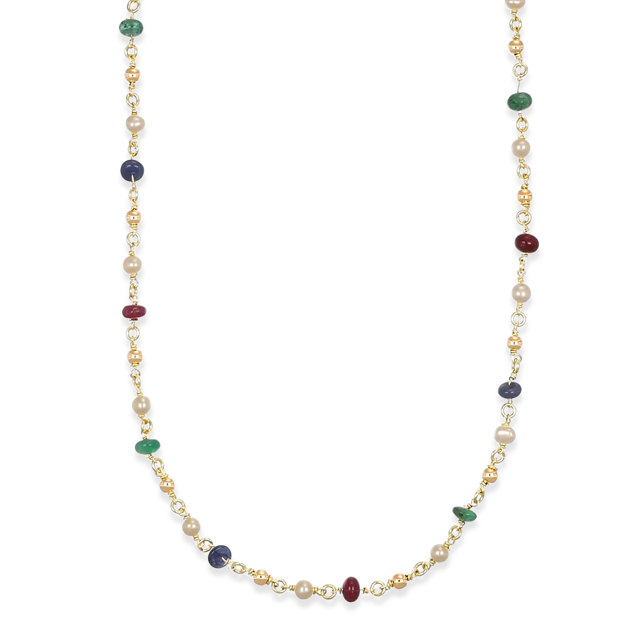 Collana - Oro giallo 18 kt., Smeraldi - Zaffiri - Rubini - Perle