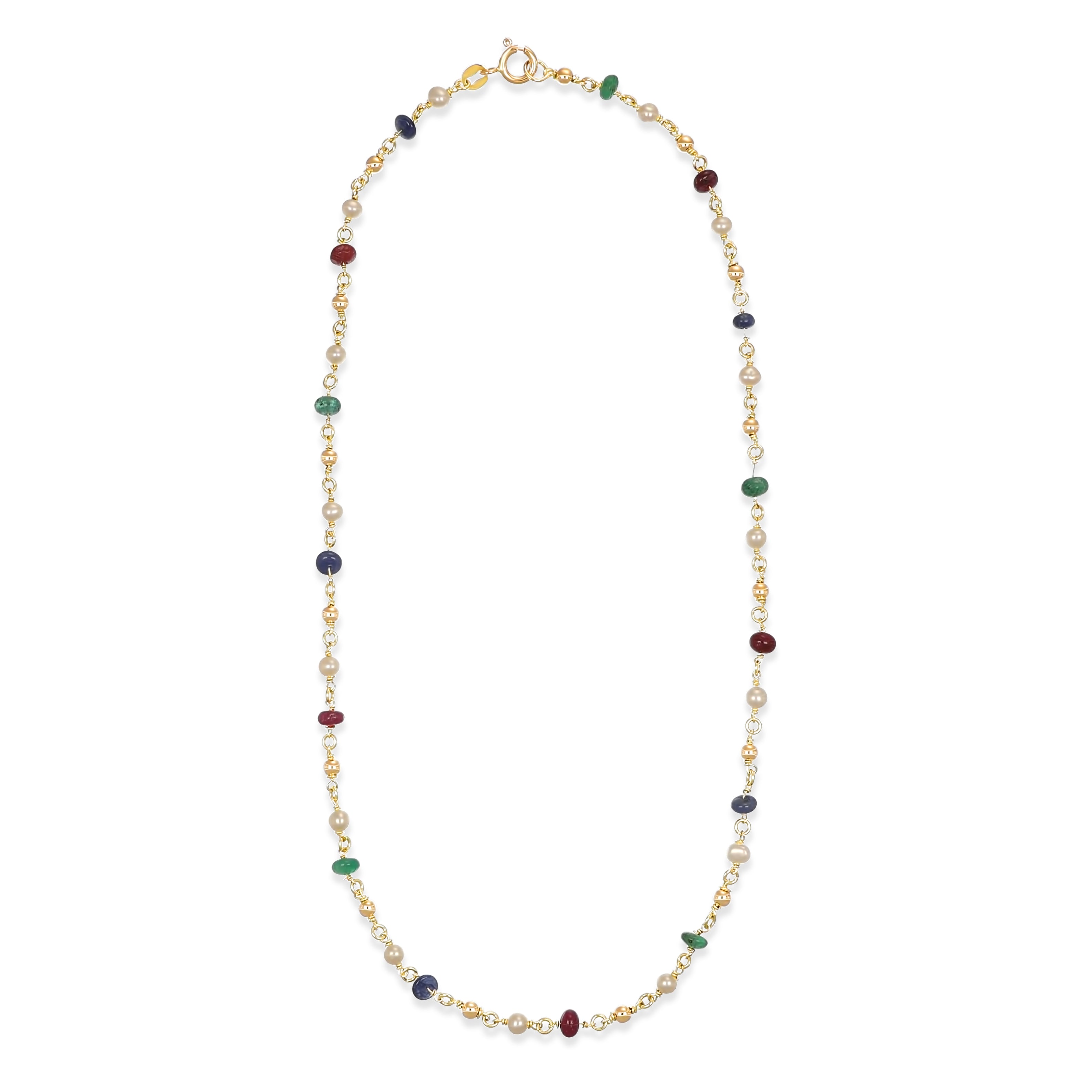 Collana - Oro giallo 18 kt., Smeraldi - Zaffiri - Rubini - Perle