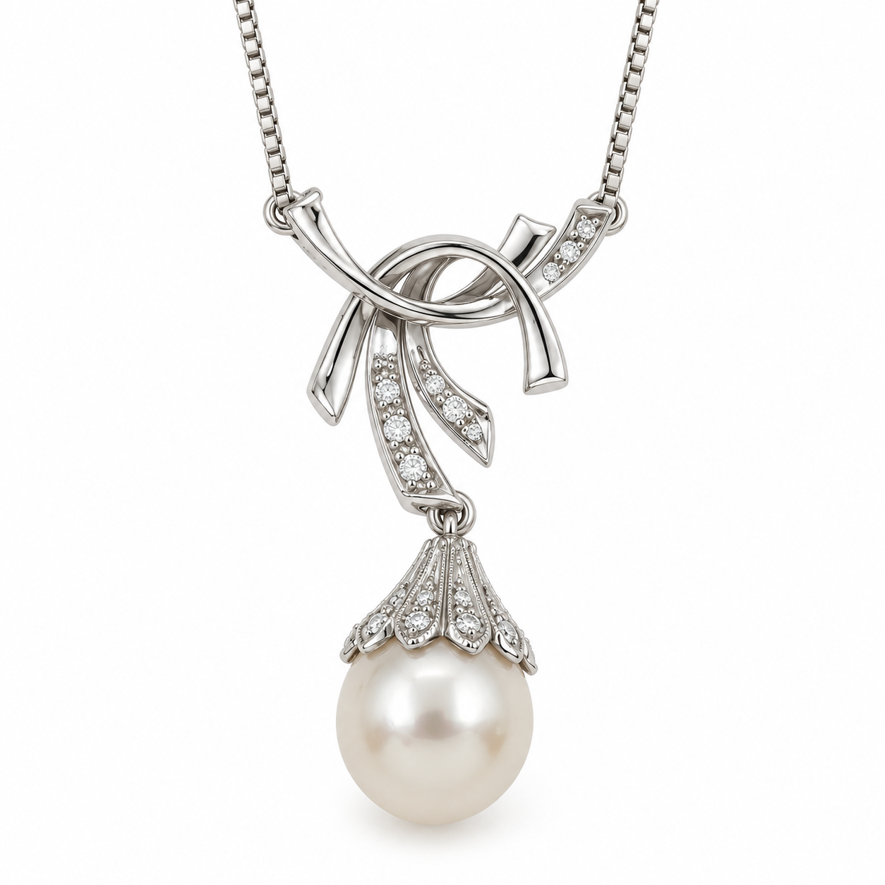 Collana - 18 carati Oro bianco Perla - Diamante - Made in Italy - Handmade