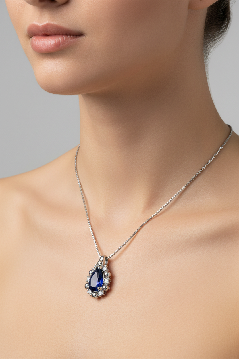 Collana con ciondolo - 18 carati Oro bianco - 0.52ct. tw. Zaffiro - Diamante
