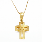 Collana unisex in oro giallo 18 carati con catena sottile e ciondolo a croce dal design traforato
