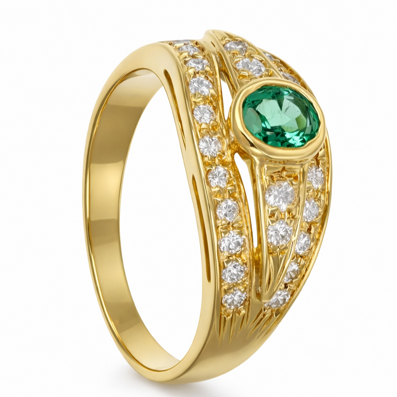 Anello - 18 carati Oro giallo - 0.89ct. tw. Smeraldo - Diamante