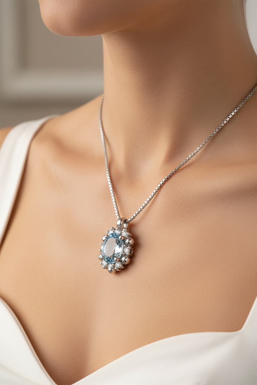 Collana con ciondolo - 18 carati Oro bianco - 0.44ct. tw. Acquamarina - Diamante