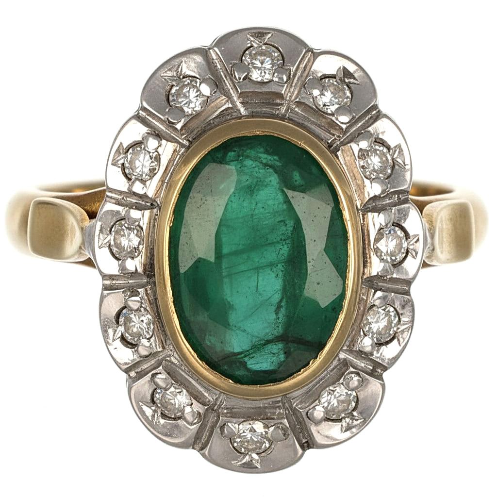 Anello in Oro giallo 14 carati e Argento 800 - Smeraldo  Diamanti