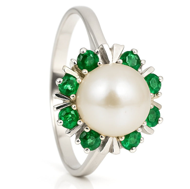 Anello - 18 carati Oro bianco - 0.24ct. tw. Smeraldo - Perla