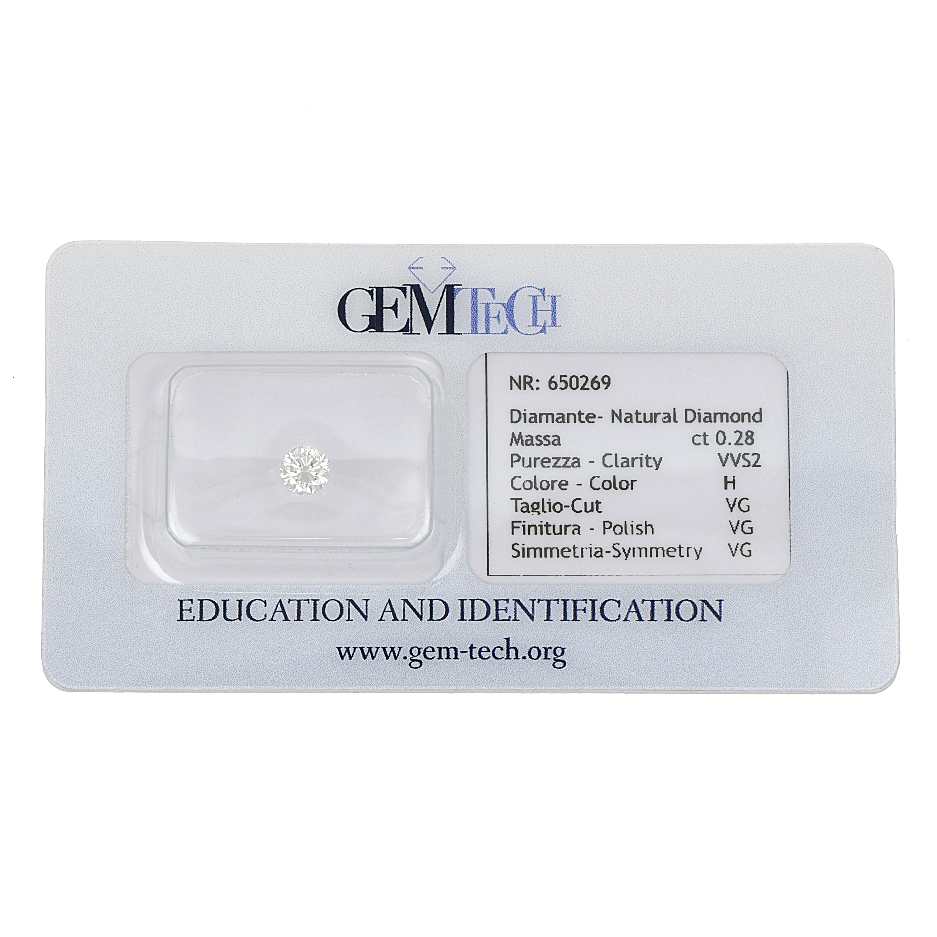 1 pcs Diamante (Naturale) - 0.28 ct - Rotondo - H - VVS2 - GEM-TECH Istituto Gemmologico