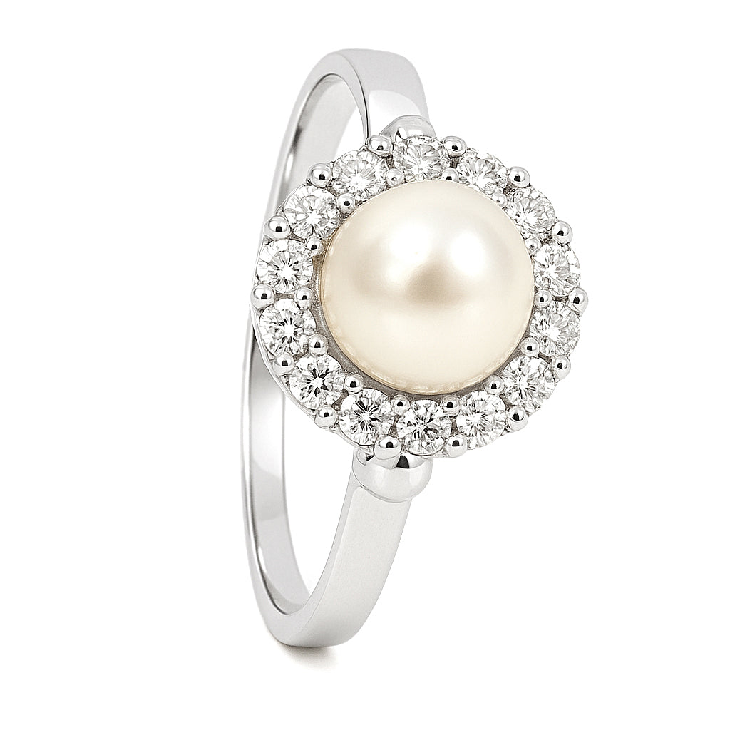 Anello - 18 carati Oro bianco - 0.14ct. tw. Diamante (Naturale) - Perla