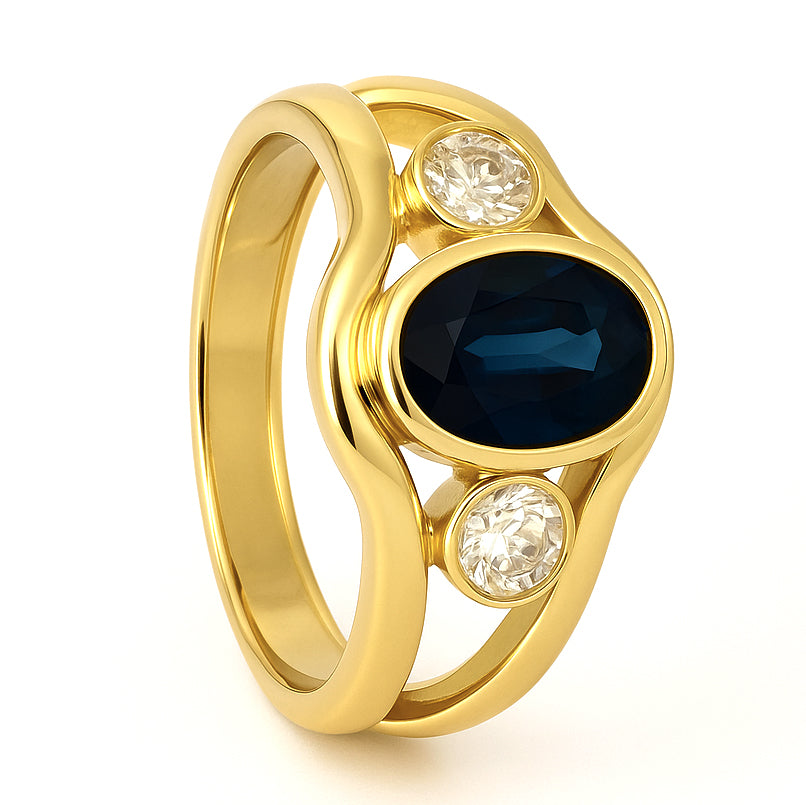 Anello - 18 carati Oro giallo - 0.19ct. tw. Zaffiro - Diamante