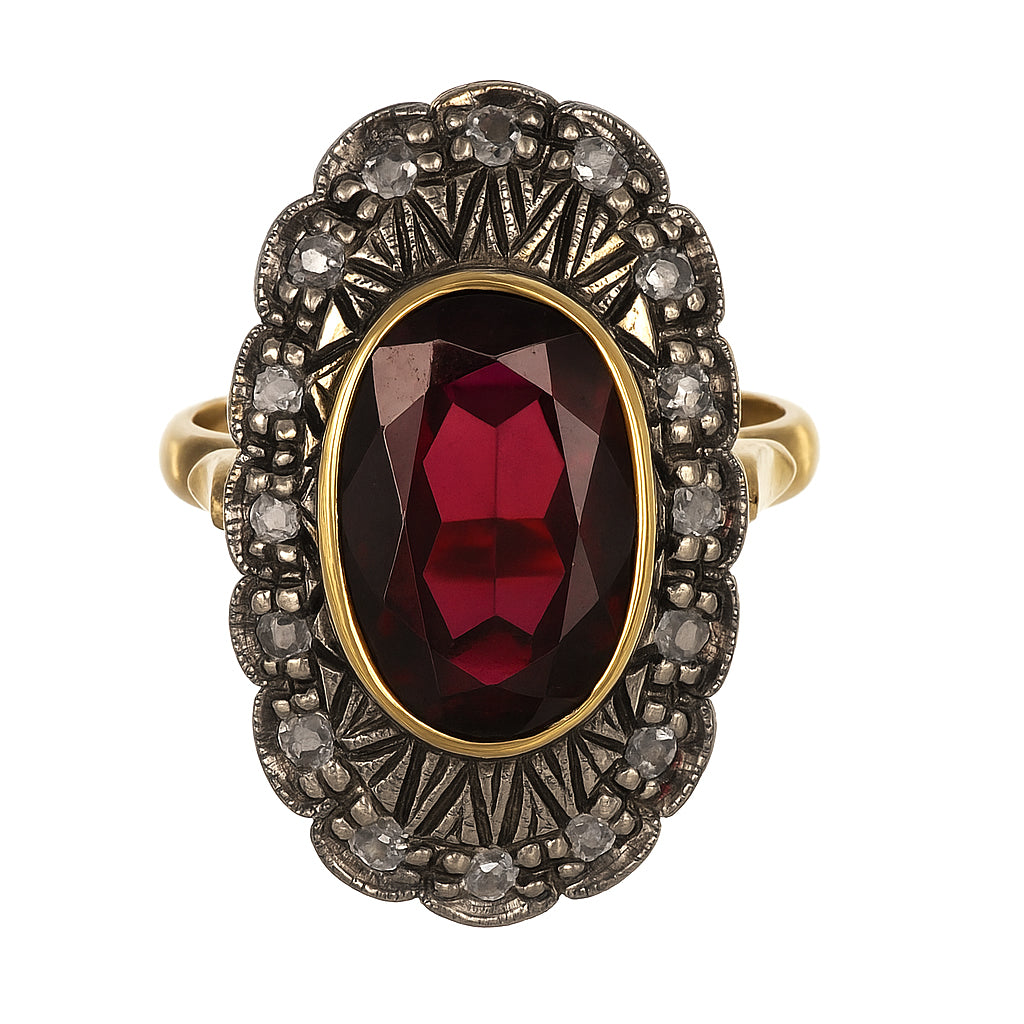 Anello in Oro giallo 14 carati e Argento 800 - Granato  Diamanti