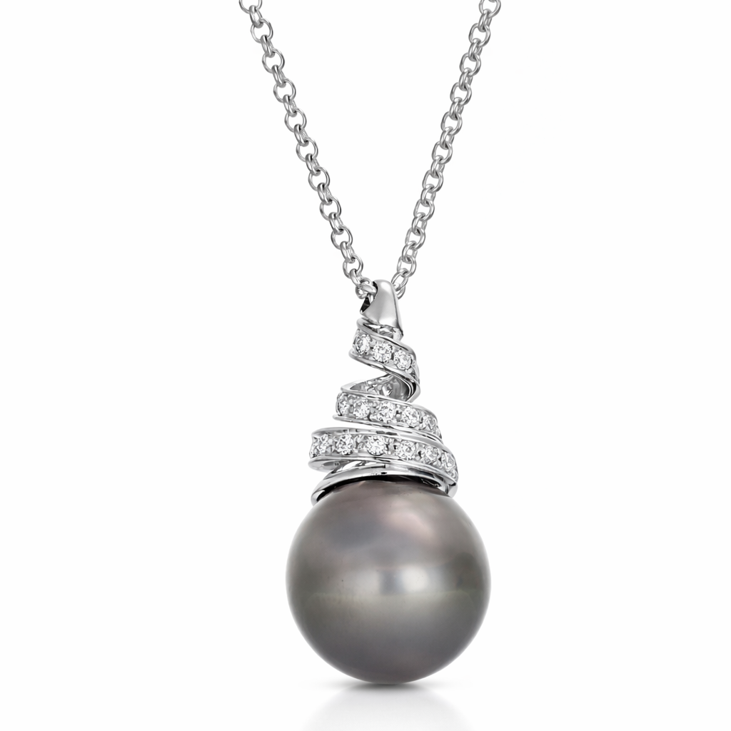 Collana - 18 carati Oro bianco - 0.06ct. tw. Diamante (Naturale) - Perla - Perla Tahiti 7.20 mm