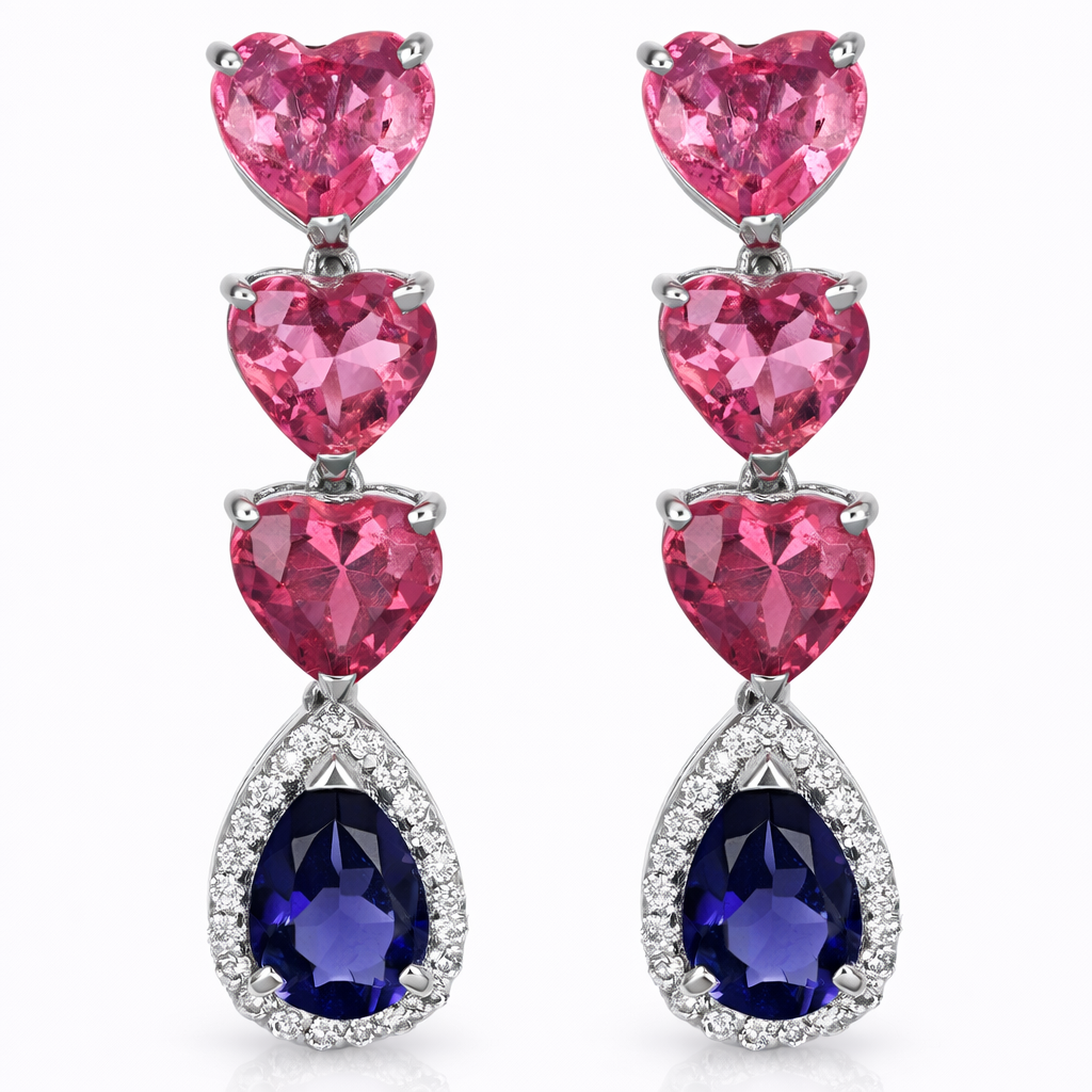 Orecchini - 18 carati Oro bianco, Diamanti - 5.24ct. tw. Tormalina - Iolite