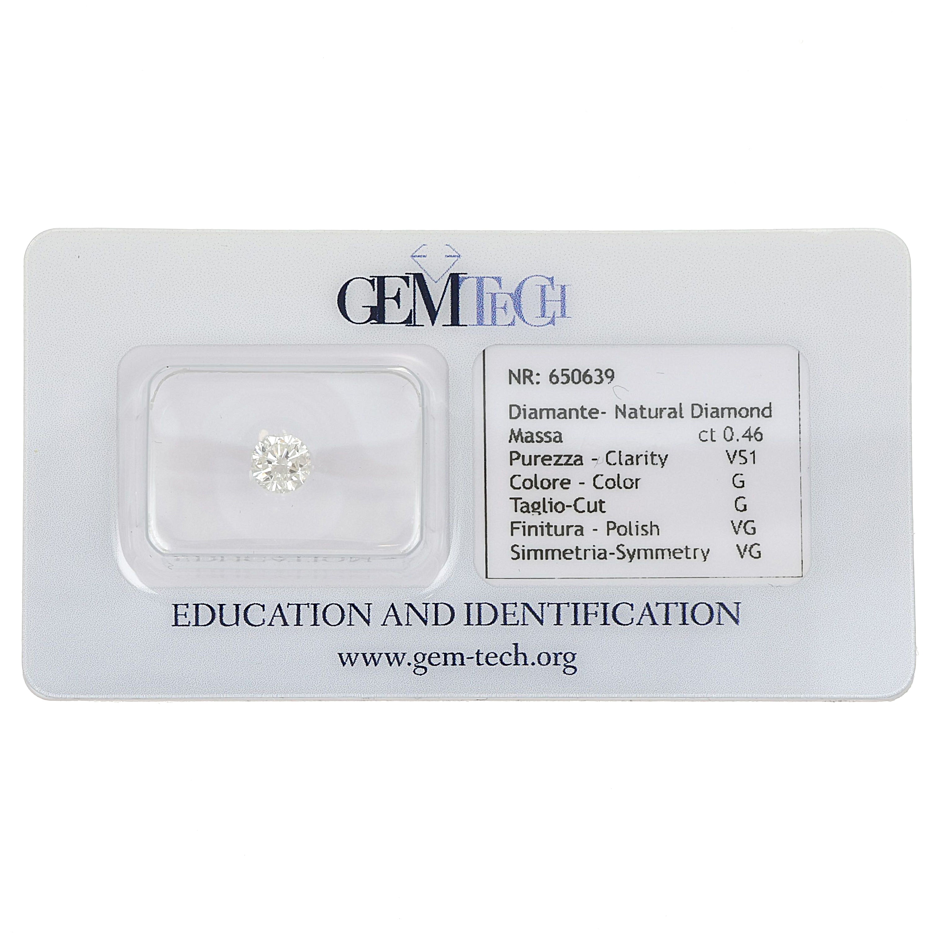 1 pcs Diamante (Naturale) - 0.46 ct - Rotondo - G - VS1 - GEM-TECH Istituto Gemmologico