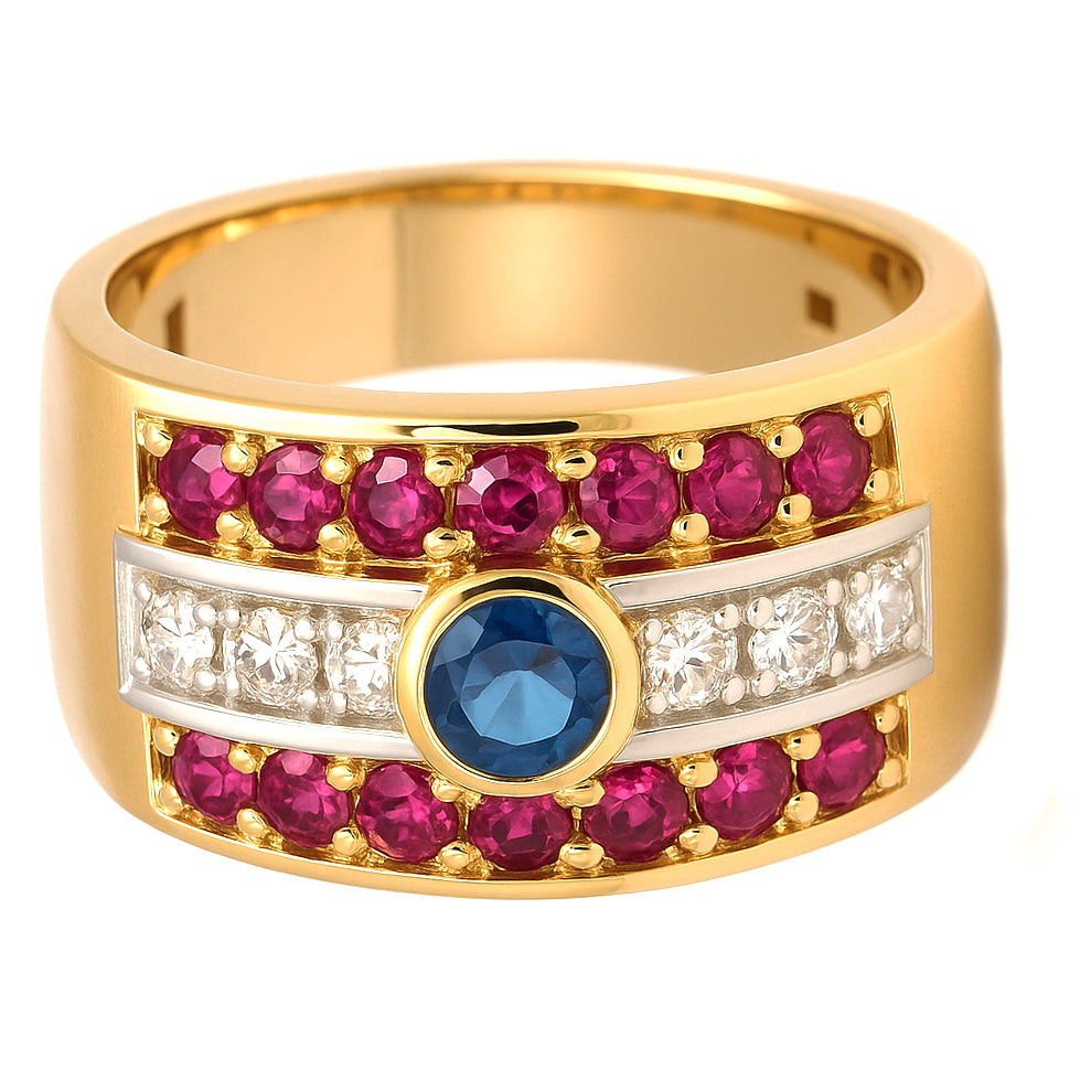 Anello - 18 carati Oro giallo, Rubino - Zaffiro- Diamante - 0.93ct. tw.