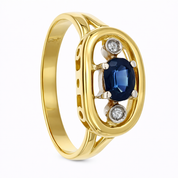 Anello da donna in oro giallo 18 carati con zaffiro centrale e due diamanti laterali