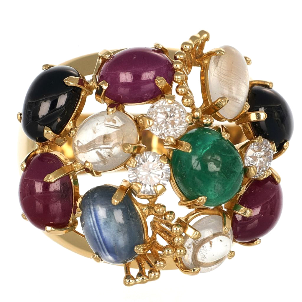 Anello - 18 carati Oro giallo, Zaffiri - Rubini - 1 Smeraldo - Quarzo citrino - Pietra di luna - 6.03ct. tw. Diamante (Naturale)