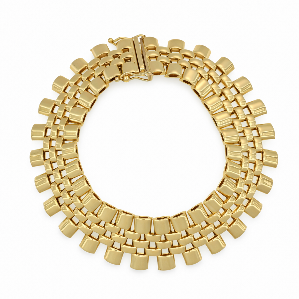 Bracciale da donna in oro giallo 18 carati con struttura ampia e flessibile