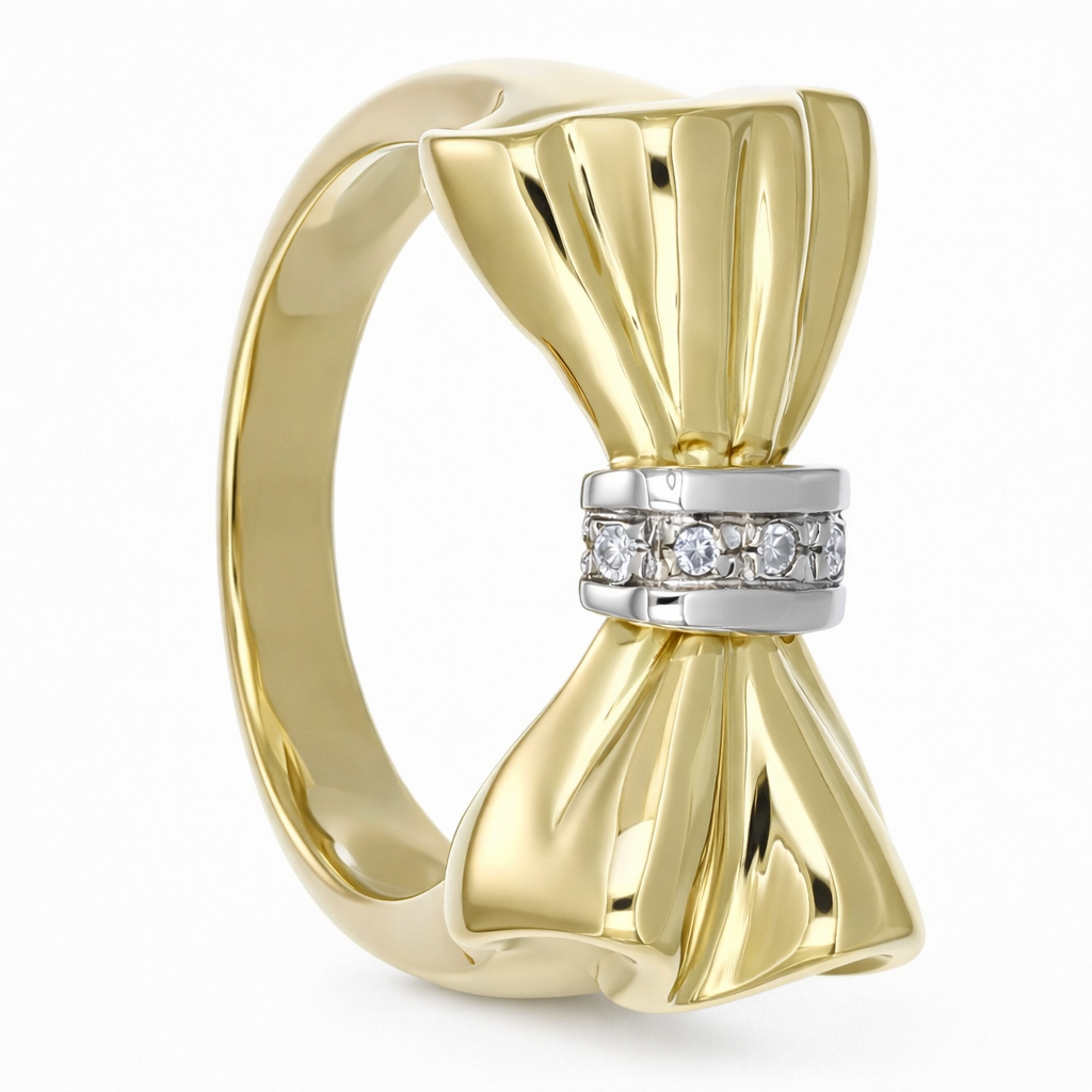 Anello da donna in oro giallo e oro bianco 18 carati con design a fiocco