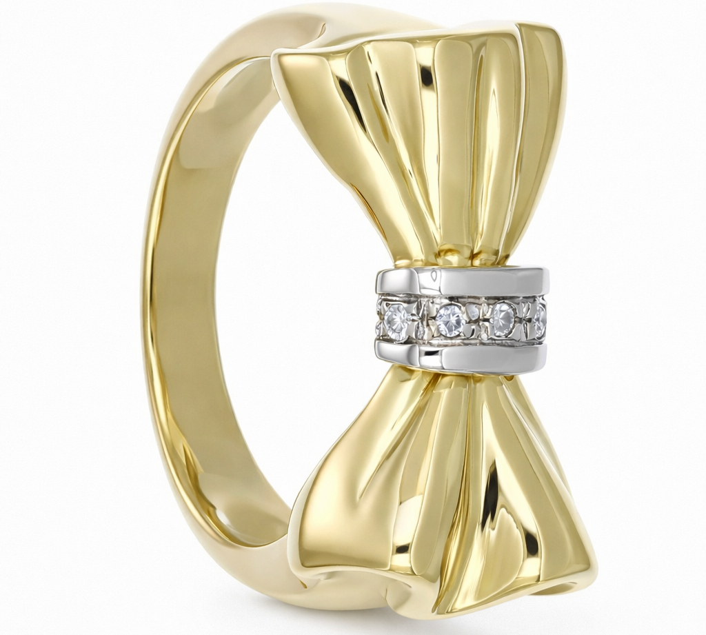 Anello da donna in oro giallo e oro bianco 18 carati con design a fiocco