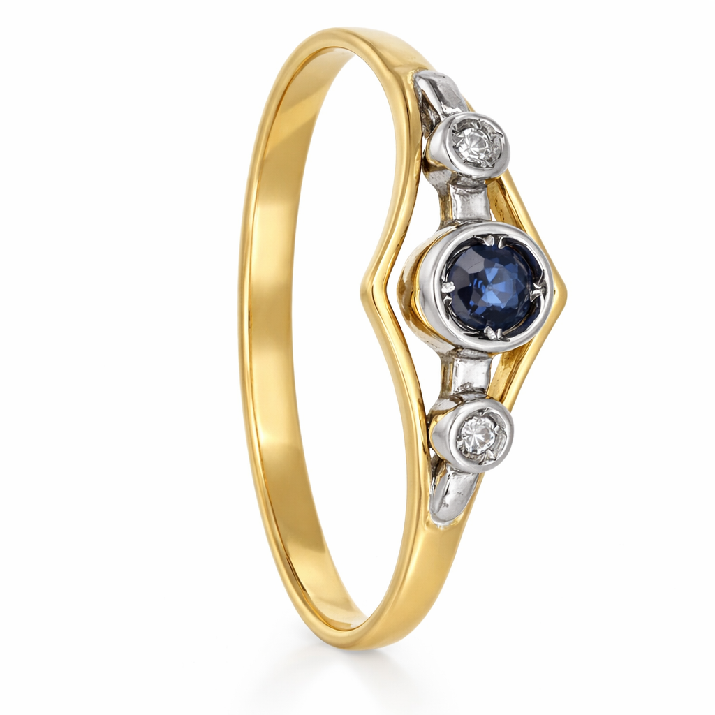 Anello - 18 carati Oro giallo, Oro bianco - 0.12ct. tw. Zaffiro - Diamante