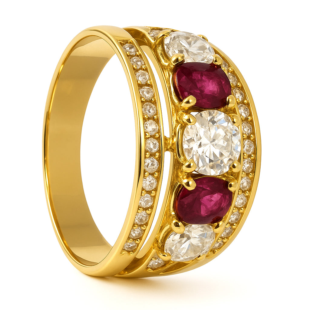 Anello in oro giallo 18 carati con n 2 Rubini da 0.40 Ct tot e zirconi