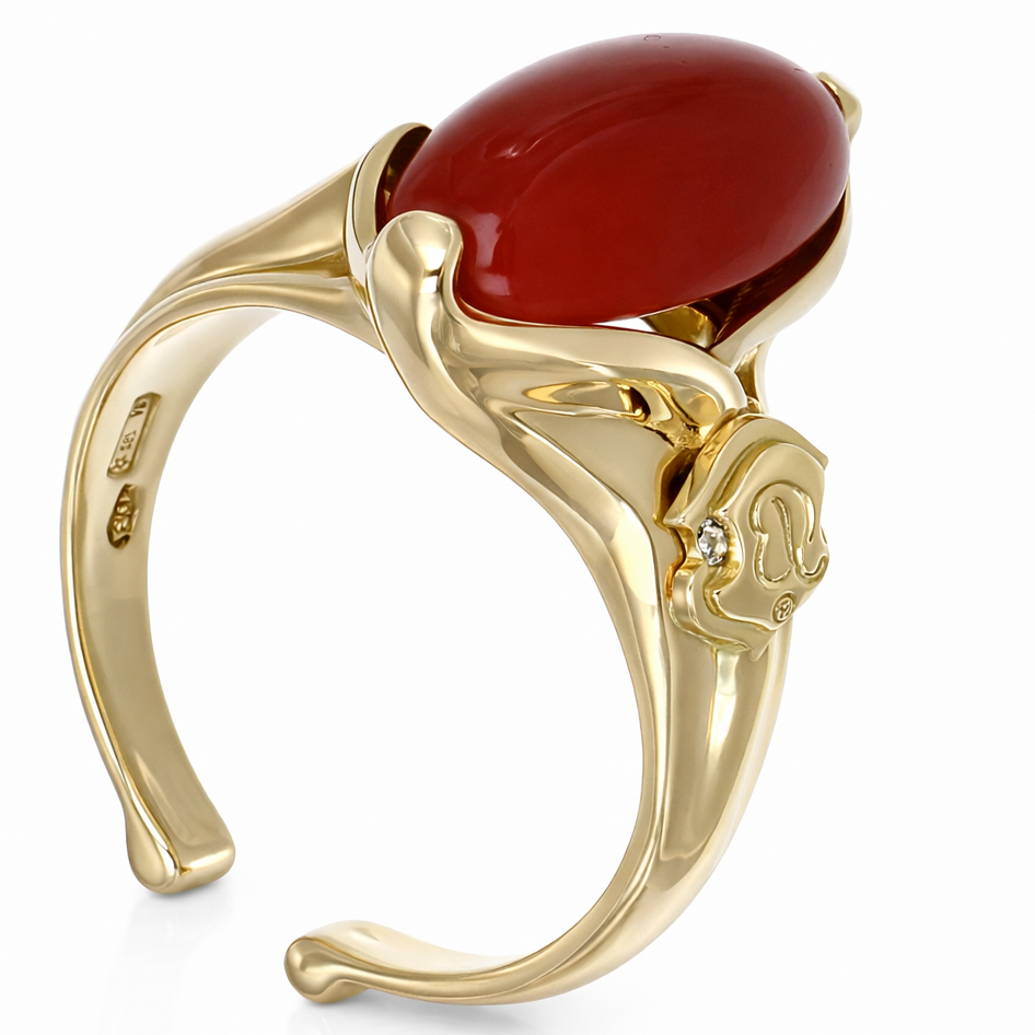 Anello da donna in oro giallo 18 carati con corallo rosso