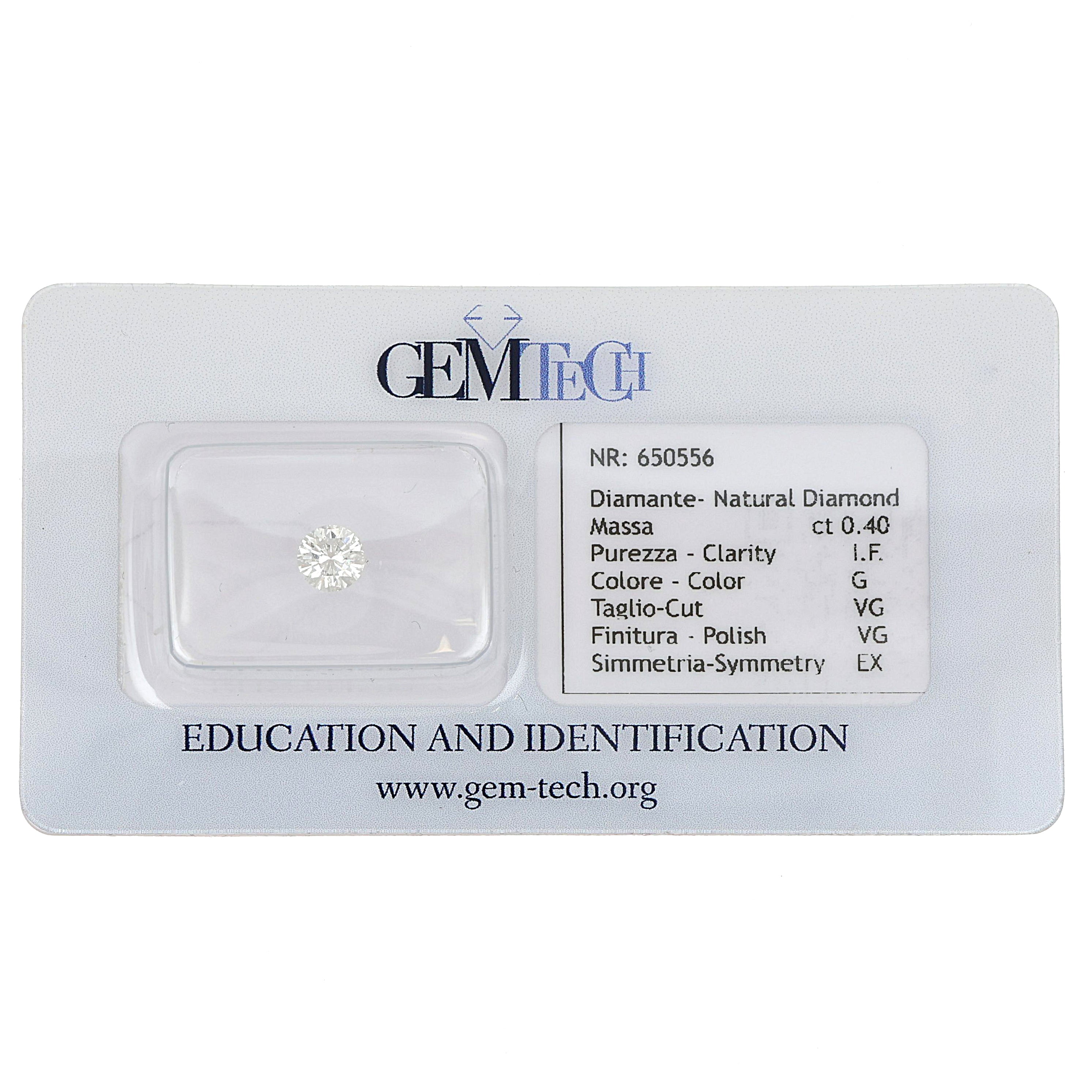 1 pcs Diamante (Naturale) - 0.40 ct - Rotondo - G - IF - GEM-TECH Istituto Gemmologico