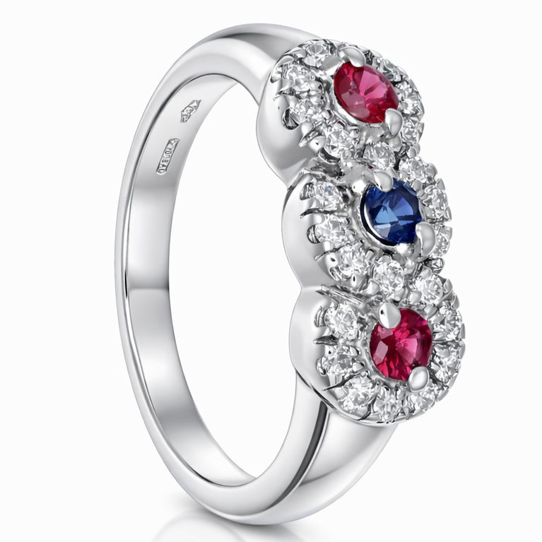 Anello - 18 carati Zaffiri - Rubini - Diamanti, Oro bianco - 0.60ct. tw.
