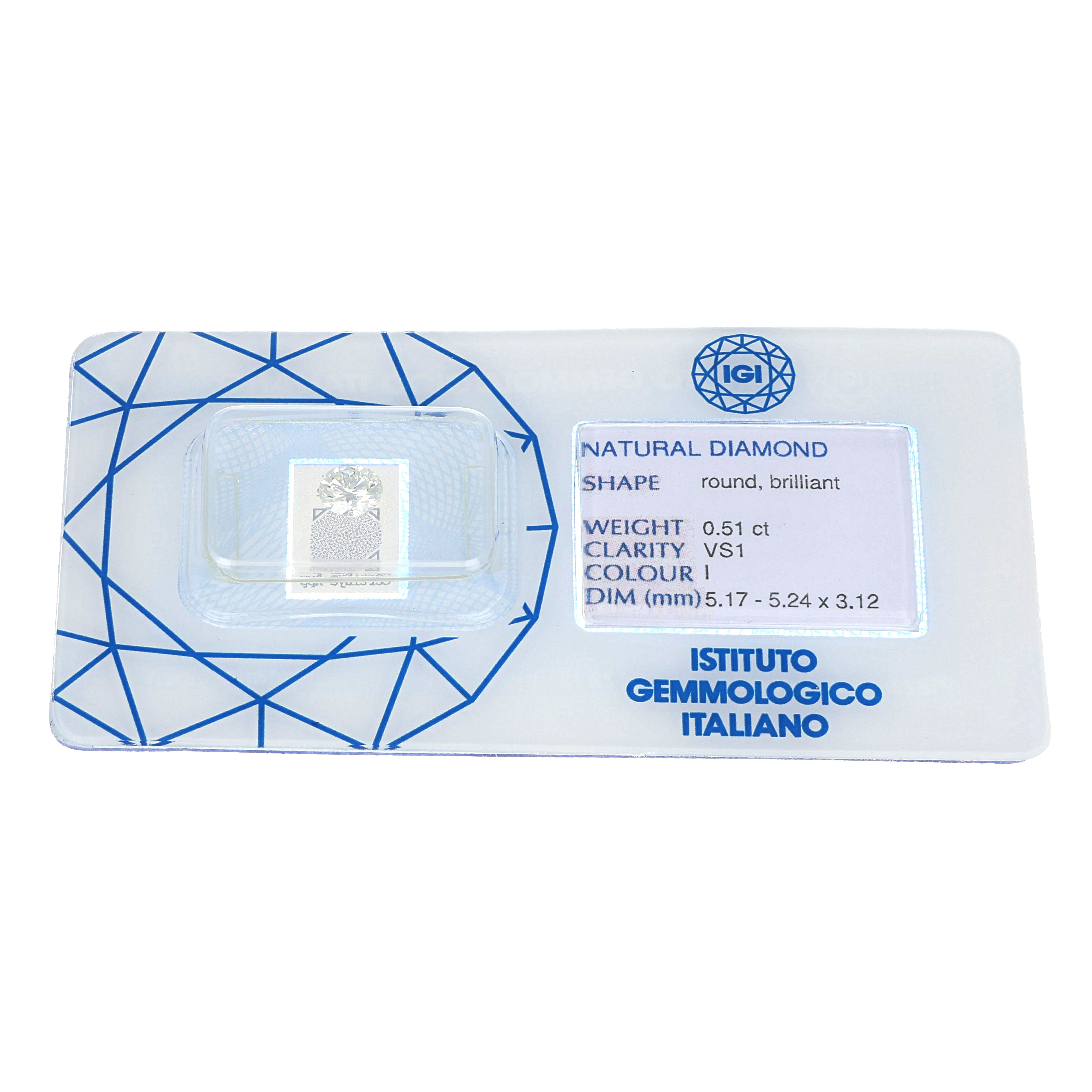 Diamante (Naturale) - 0.51 ct - Rotondo - I - VS1 - Istituto Gemmologico Italiano (IGI)