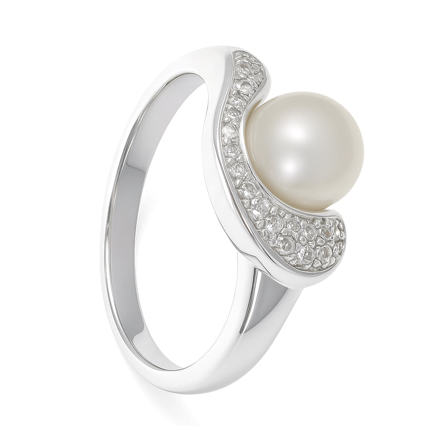 Anello - 18 carati Oro bianco - 0.04ct. tw. Diamante (Naturale) - Perla