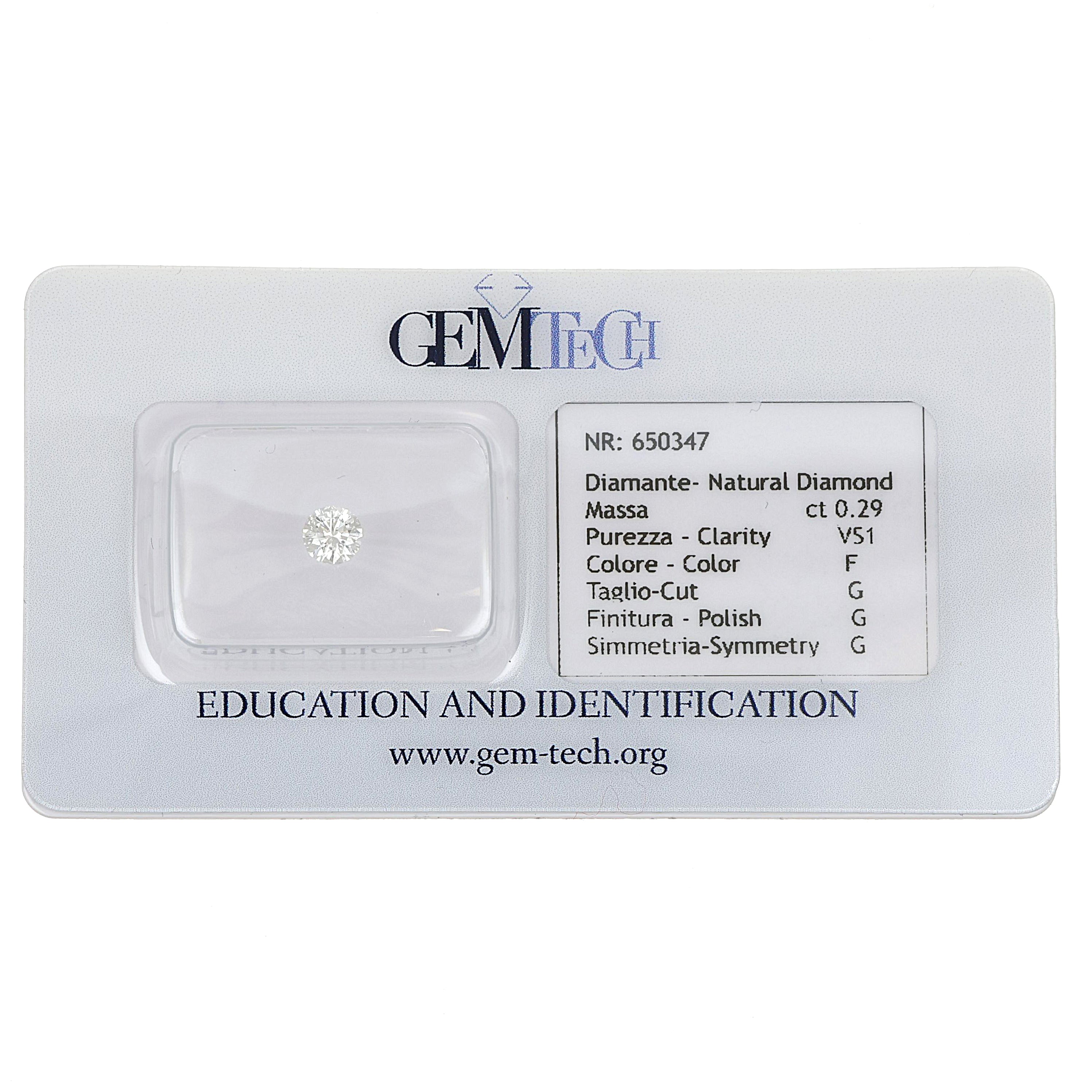 Diamante (Naturale) - 0.29 ct - Rotondo - F - VS1 - GEM-TECH Istituto Gemmologico