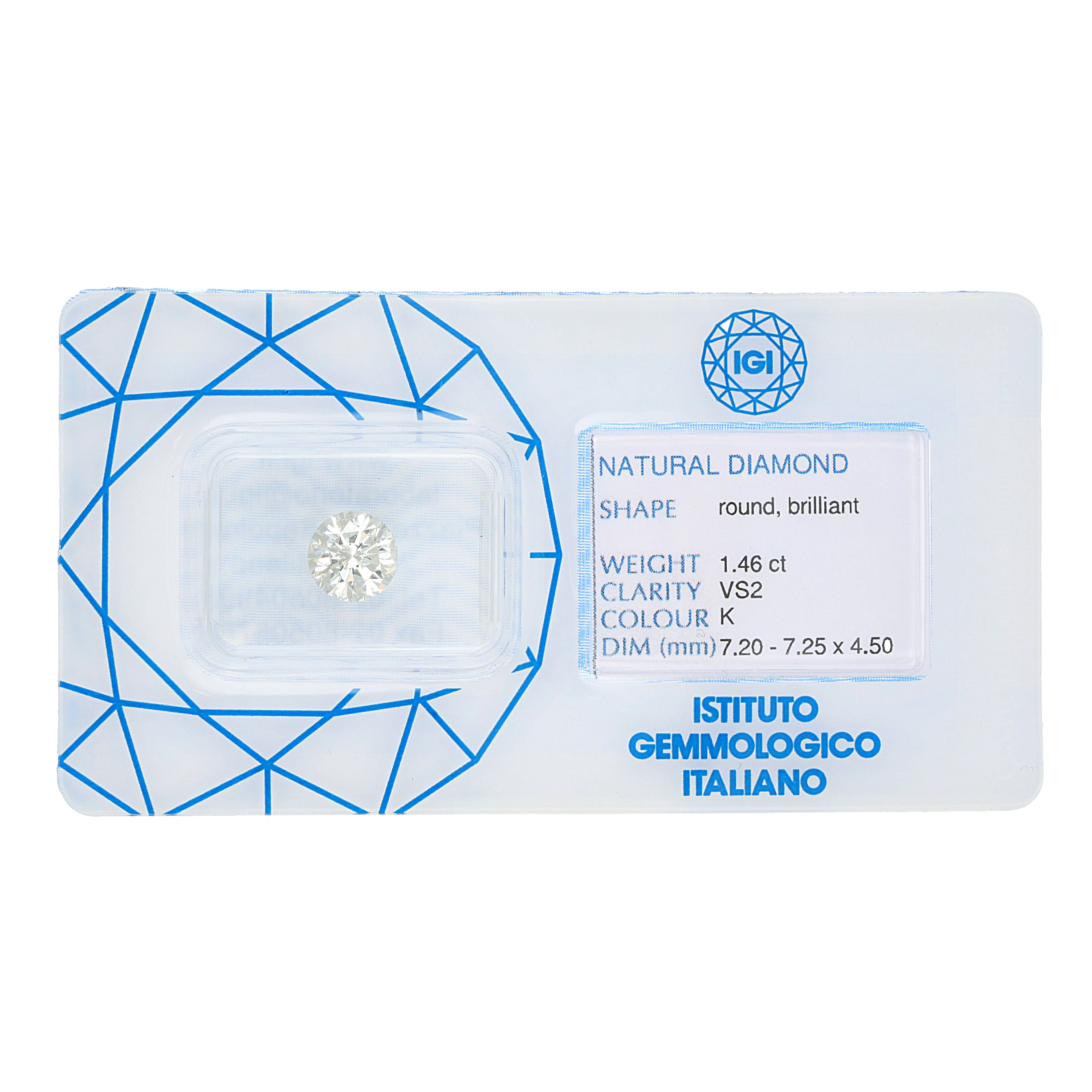 Diamante (Naturale) - 1.46 ct - Rotondo - K - VS2 - Istituto Gemmologico Italiano (IGI)