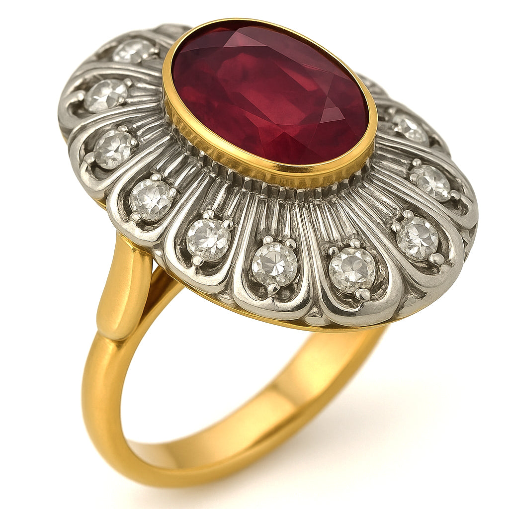 Anello in Oro giallo  14 carati e Argento 800 con Rubino  Diamanti