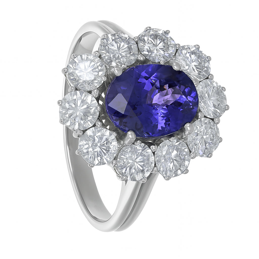 Anello - 18 carati Oro bianco - 4.10ct. tw. Tanzanite - Diamante