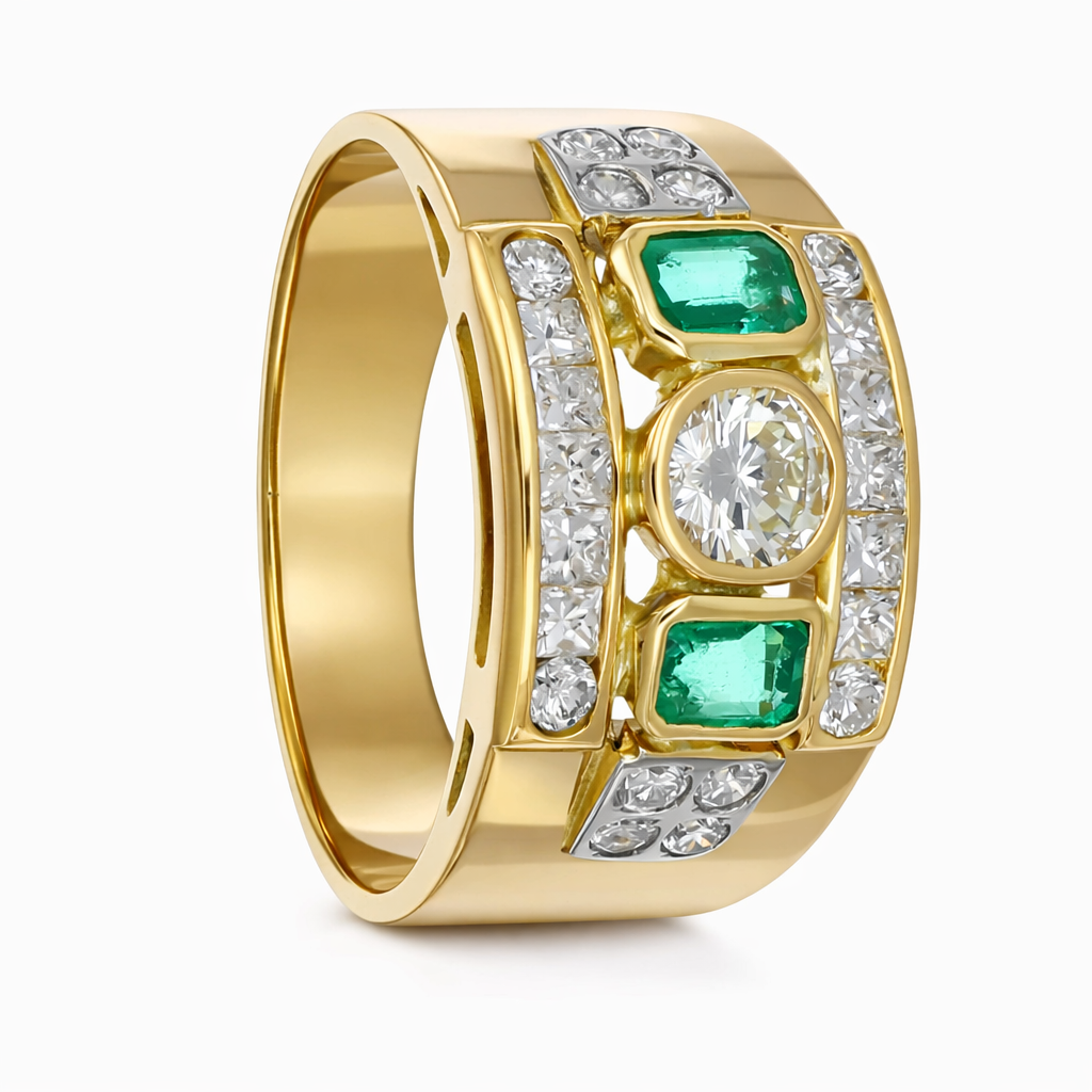 Anello - 18 carati Oro giallo - 1.44ct. tw. Smeraldo - Diamante