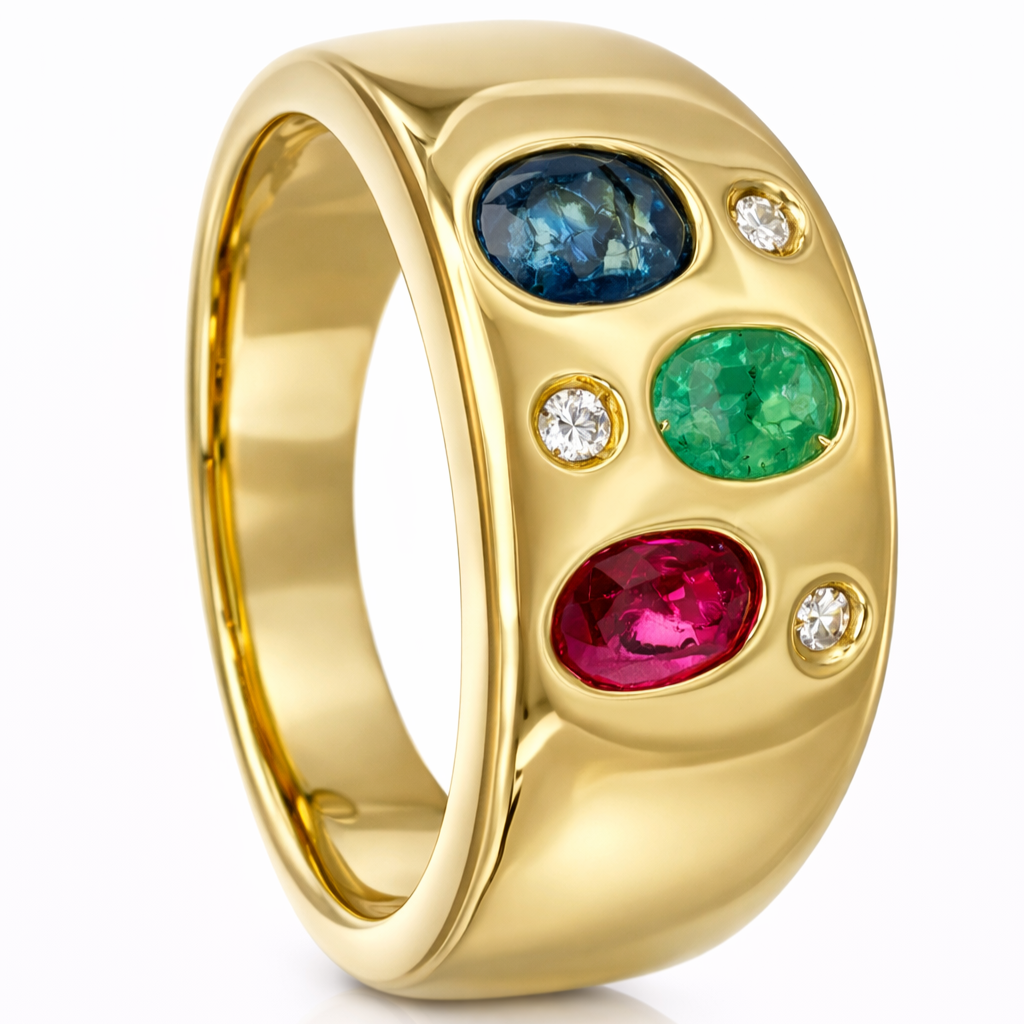 Anello - 18 carati Oro giallo, Zaffiro - Rubino -Smeraldo - Diamante - 0.88ct. tw.