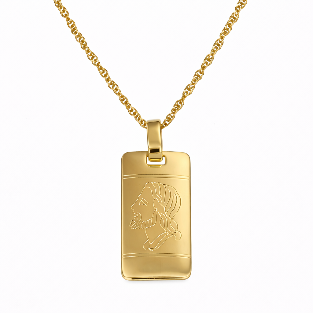 Collana unisex in oro giallo 18 carati con ciondolo rettangolare e motivo inciso figurativo