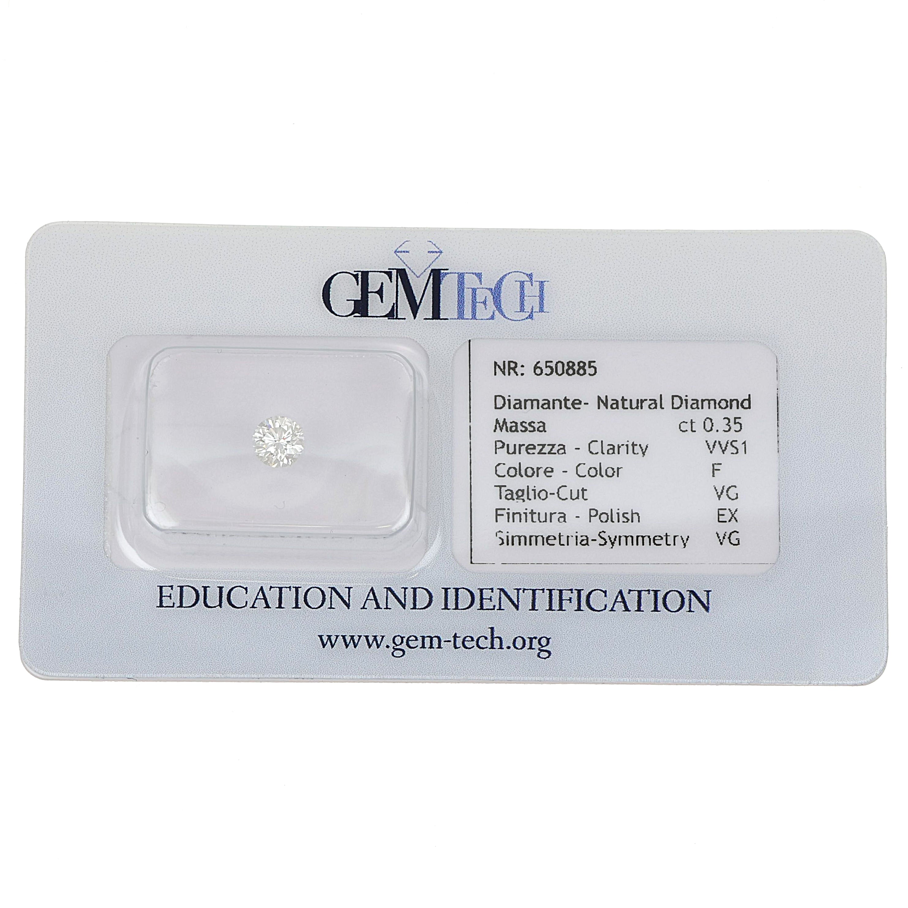 1 pcs Diamante (Naturale) - 0.35 ct - Rotondo - F - VVS1 - GEM-TECH Istituto Gemmologico