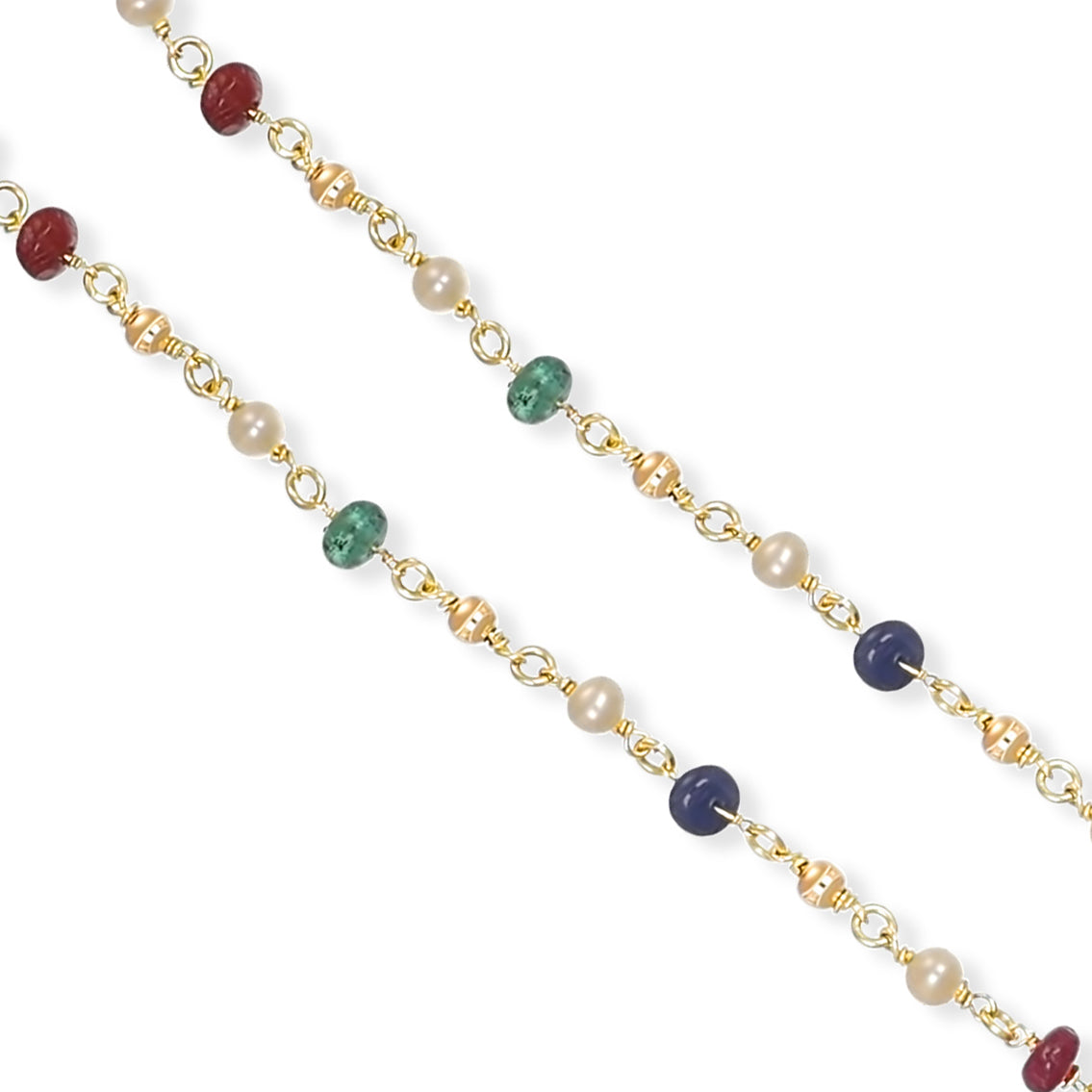 Collana - Oro giallo 18 kt., Smeraldi - Zaffiri - Rubini - Perle