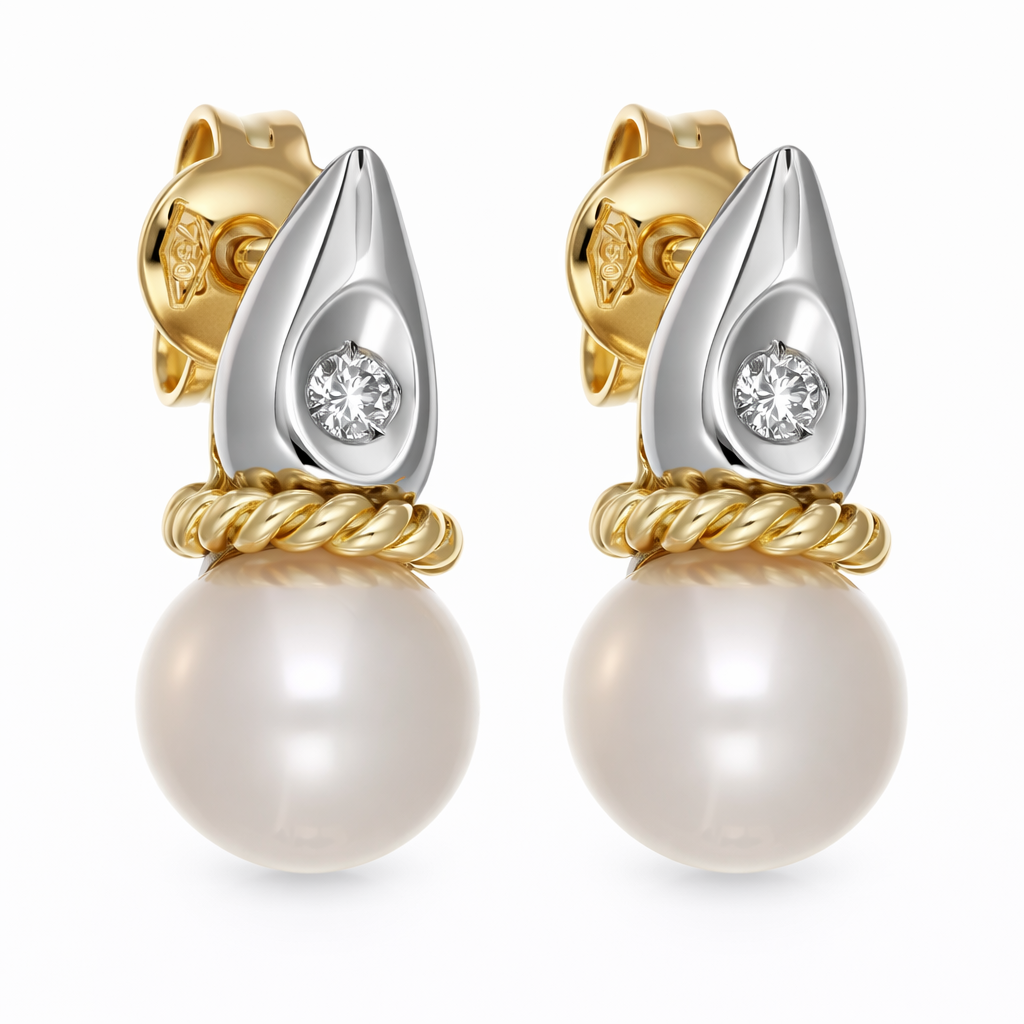 Elegante paio di orecchini da donna in oro giallo e oro bianco 18 carati con perla coltivata Akoya e diamante