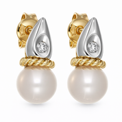 Elegante paio di orecchini da donna in oro giallo e oro bianco 18 carati con perla coltivata Akoya e diamante